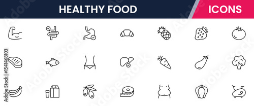 Vector illustration web line icon collection for healthy food: fruits, vegetables, grains, and nutritious meals in a vibrant, modern style.