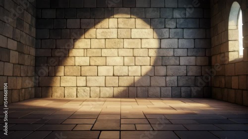 Empty stone room bathed in sunlight casting circular shadows through arched window onto textured brick wall and floor, showcasing peaceful interior architecture and warm atmosphere