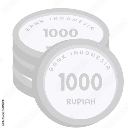 Flat illustration of stacked 1000 rupiah Indonesian coins with "Bank Indonesia" text. Simple, modern design, ideal for financial or economic topics.