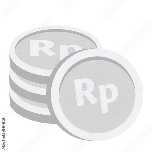 Flat illustration of stacked Rupiah coins with "Rp" symbol. Simple, modern design, ideal for financial or economic topics, representing Indonesian currency.