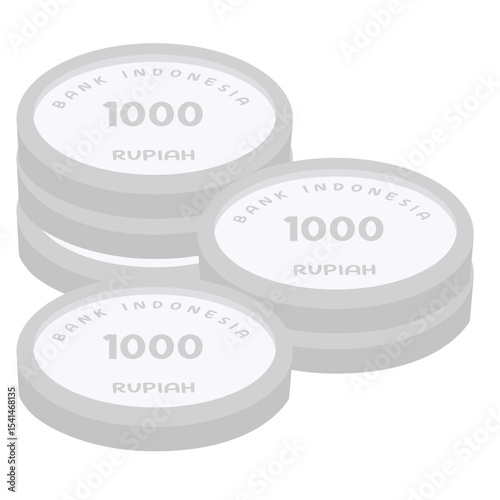 Flat illustration of stacked 1000 rupiah Indonesian coins with "Bank Indonesia" text. Simple, modern design, ideal for financial or economic topics.