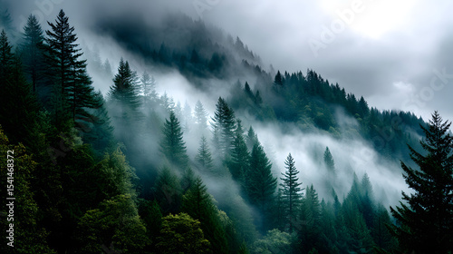 A retro postcard of a forest covered in fog with soft, diffused light creating a serene atmosphere, where the fog is slowly lifting, revealing the calm forest.