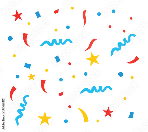 Colorful scattered confetti celebration background, a vibrant mix of red, blue, and yellow stars, dots, and streamers perfect for parties and festive events