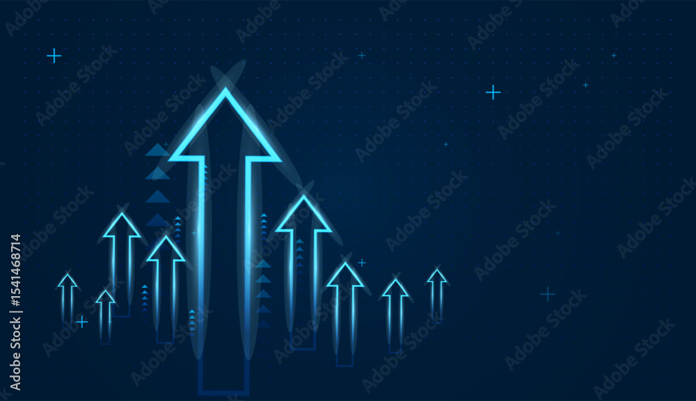 Naklejka premium Blue upward arrow alongside increasing numerical values, visually representing positive growth, progress, or success in metrics like sales, revenue, or performance