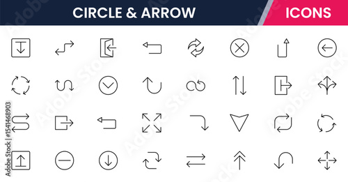 Vector illustration web line icon collection for circle & arrow dynamic directional symbols, flowcharts, and navigation elements in a sleek, modern, minimalist style.