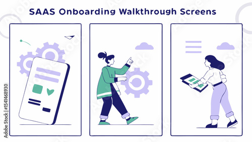 Three onboarding screens depicting mobile app interface, woman interacting with gears and tablet interface