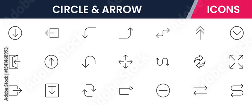Vector illustration web line icon collection for circle & arrow dynamic directional symbols, flowcharts, and navigation elements in a sleek, modern, minimalist style.