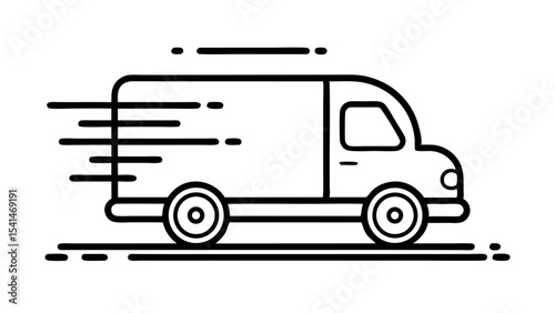Black Line Art Vector Icons of Fast Delivery Truck or Van on White Background