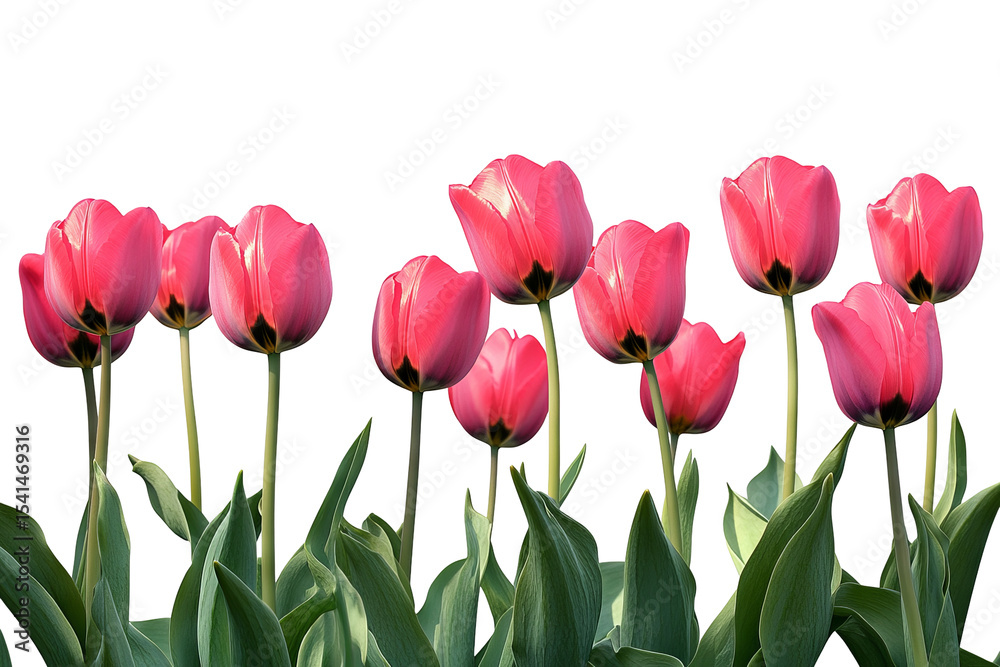 Fototapeta premium High-resolution vibrant tulip flower bouquet isolated on transparent PNG background, seamless botanical clipart cutout ideal for wedding invitations, sublimation prints and scrapbooking