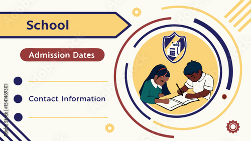 School advertisement featuring two students studying together inside a circular design with school details