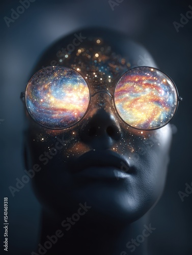 Galaxy filled spectacles on futuristic face in darkness. AI-generated.