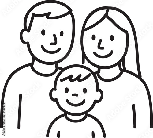 Simple Line Art Illustration of a Happy Family Portrait with Mother Father and Young Child Smiling Together