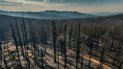 Drone View of Wildfire-Devastated Forest with Burnt Trees and Smoky Mountain Horizon