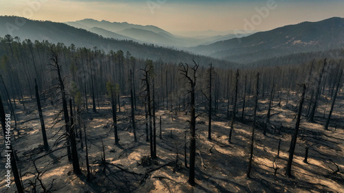 Drone View of Wildfire-Devastated Forest with Burnt Trees and Smoky Mountain Horizon