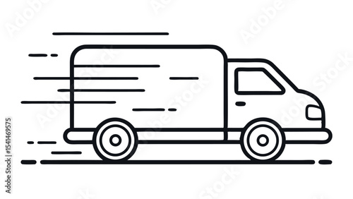 Black Line Art Vector Icons of Fast Delivery Truck or Van on White Background