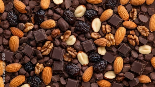 Chocolate pieces almond walnut peanut raisin cocoa bean healthy snack mix rich textures natural colors perfect natural food blend for nutritious snack lovers with wholesome ingredients and great taste