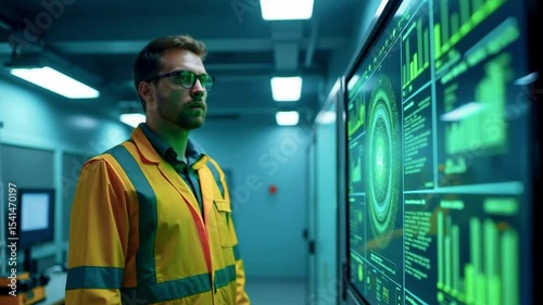 Engineer in safety gear analyzing data on a digital screen in a modern technology lab environment