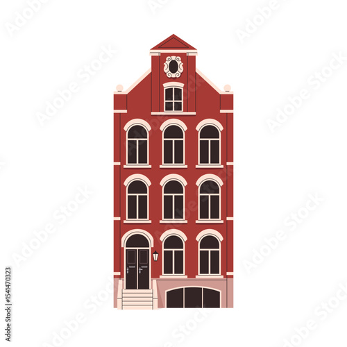 Old Engish house facade. Urban British building in historic Georgian style. European architecture, facade with vintage windows, porch, door. Flat vector illustration isolated on white background