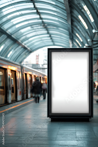 Mockup of vertical metro billboard with glass ceiling and blurred people walking