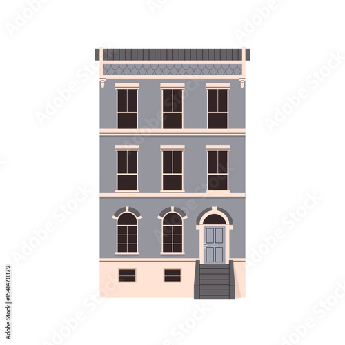 House facade. Traditional English townhouse with windows, door, porch, front view. British architecture, building exterior in old London. Flat vector illustration isolated on white background