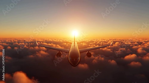 Airplane flying above clouds during sunset with warm light glowing on horizon and dramatic sky creating peaceful inspiring atmosphere for travel transportation aircraft