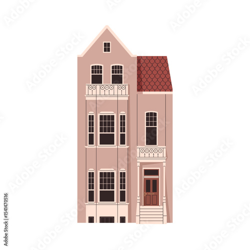 British house architecture. Old English urban building facade, exterior. Historic townhouse with tiled gable roof, balconies in European style. Flat vector illustration isolated on white background