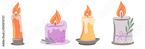Hand drawn burning candles from paraffin wax for relax and spa. Decorative design elements. Vector illustration