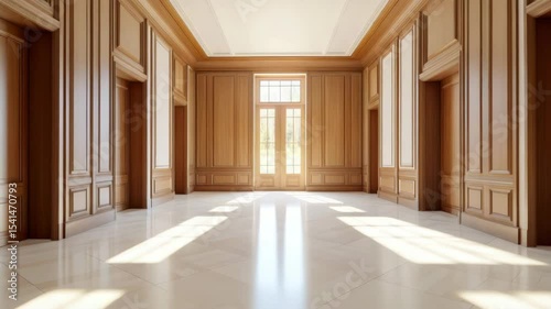 Bright empty room featuring polished marble floor, wooden panel walls, and large glass doors with sunlight streaming in, creating warm and inviting interior filled with natural light