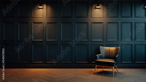 Dark wall paneled with warm light highlights modern chair and single armchair on wooden floor, creating cozy room with elegant style and sophisticated interior design ambiance