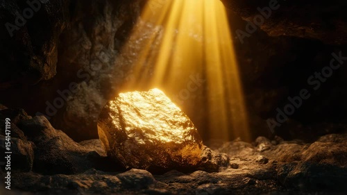 Golden rock and mineral treasure glowing under natural light beams inside underground cave with shiny golden nugget illuminated by warm sunlight creating mysterious atmosphere