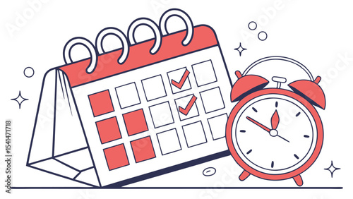 A calendar with check marks and some filled dates next to an alarm clock with sparkles around it all drawn