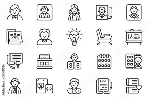 Collection of professional outline icons featuring people portraits and workplace business elements