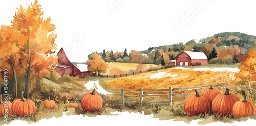 Watercolor Autumn Farm Scene with Pumpkins a picturesque landscape featuring a red barn golden fields and vibrant fall foliage perfect for seasonal designs and harvest