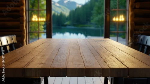 Wooden table and chairs rustic cabin dining room with cozy atmosphere, natural light from open doors, lake view and mountain landscape, wooden chair, peaceful reflection, warm sunlight, inviting