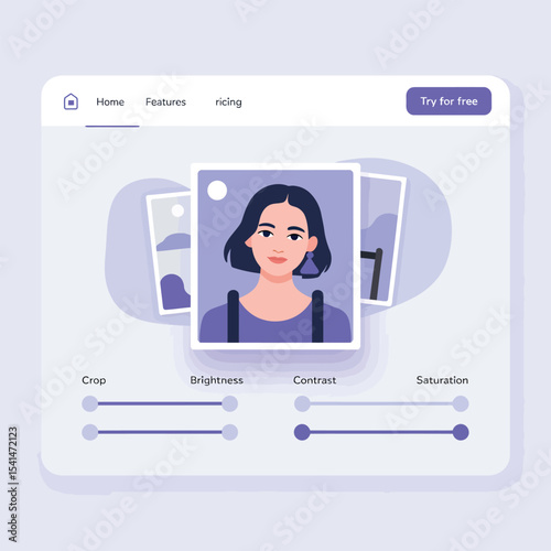 Flat U I Landing Page Photo Editing App Interface Woman Portrait