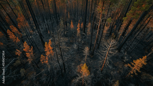 Overhead Shot of Burnt Pine Forest with Fading Embers and Cinematic Sky