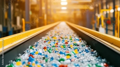 Colorful plastic bottle recycling conveyor in industrial factory environment showing waste management and production process with bright warm light for sustainable recycling efforts