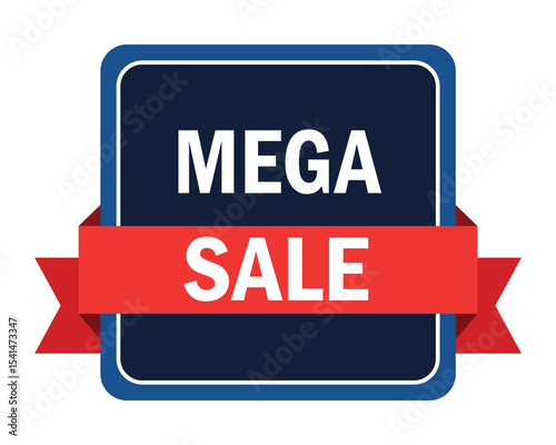 Mega sale promotional badge design, a bold red ribbon on a dark blue square, ideal for advertising discounts, special offers, and retail events