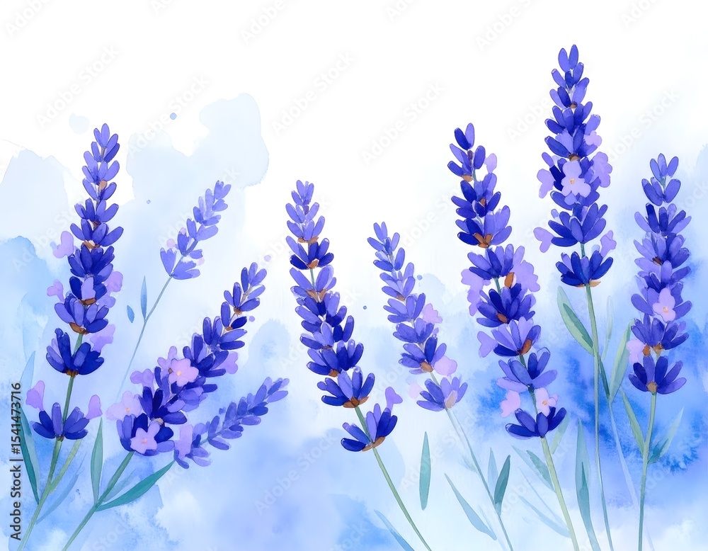 Naklejka premium Cozy watercolor sketch of lavender flowers enhanced by an icy blue hue and gentle style