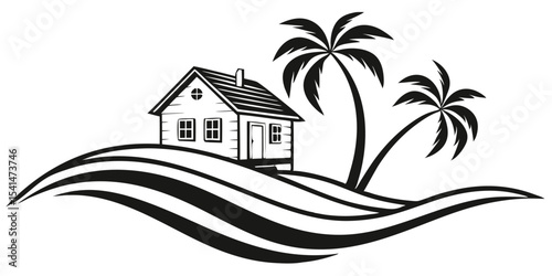 Tropical paradise featuring a beach house and palm trees in a vector illustration