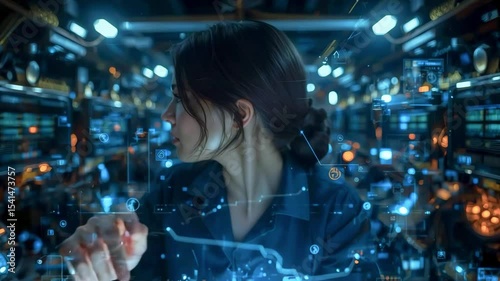 Young woman analyzing digital data in a high-tech control room with glowing screens and interfaces