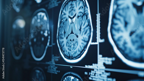 Close-up of neurological MRI scan showing white matter lesions, representing multiple sclerosis diagnosis and brain disease research, medical concept with copy space.