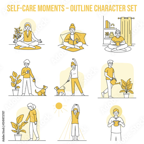 Self-Care Moments: A collection of outline illustrations depicting individual engaging in activities promoting mindfulness, relaxation, and well-being in everyday life.