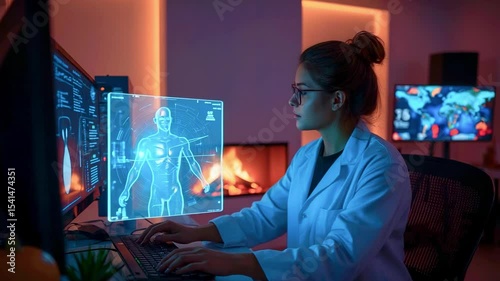 Scientist analyzing holographic human anatomy data on computer screens in a modern lab setting