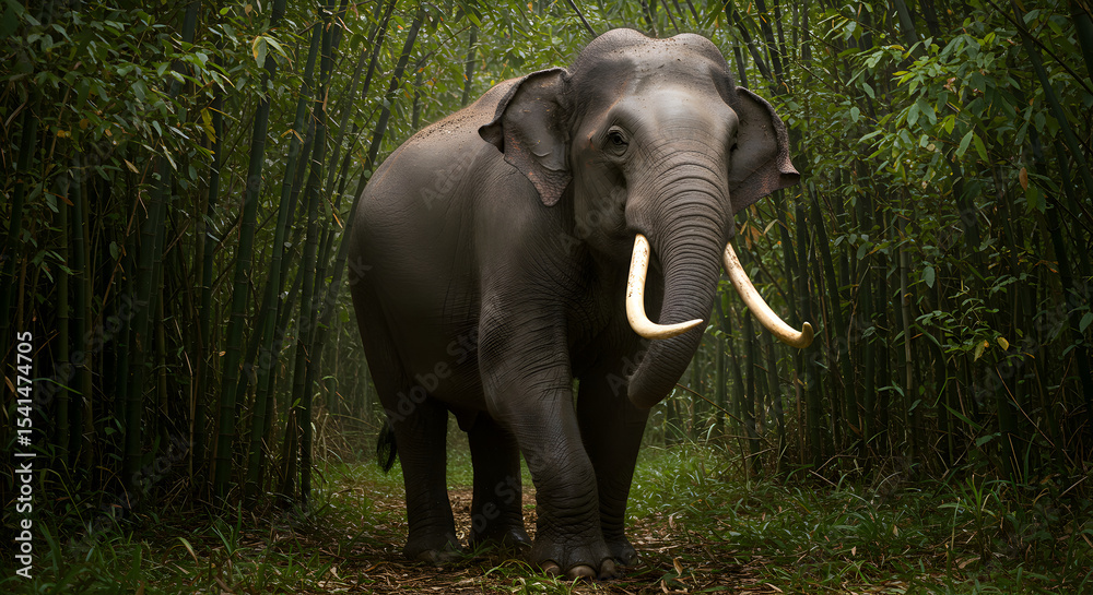 Obraz premium Magnificent Asian Elephant Walking Through Lush Bamboo Forest with Tusks Displayed