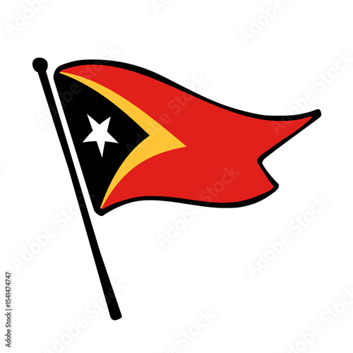 Flag of East Timor. East Timor flag vector illustration icon design in the hand-drawn style. Fluttering flagpole flag.