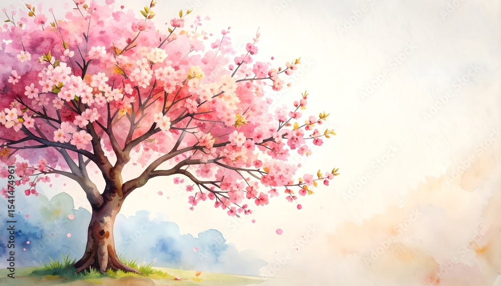 Fototapeta premium Charming watercolor representation of a blooming cherry blossom tree with pink flowers
