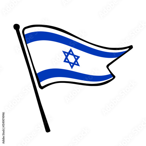 Flag of Israel. Israel flag vector illustration icon design in the hand-drawn style. Fluttering flagpole flag.
