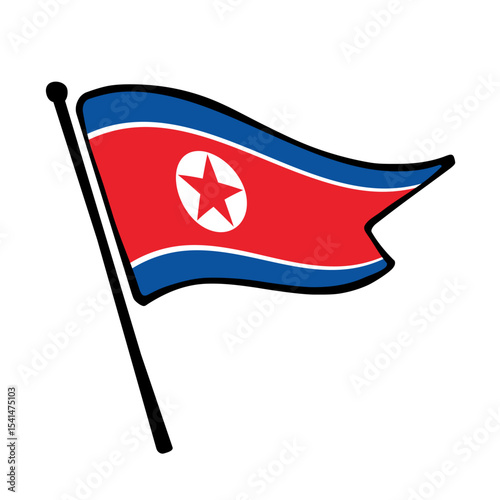 Flag of North Korea. North Korea flag vector illustration icon design in the hand-drawn style. Fluttering flagpole flag.