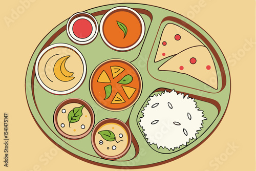 Indian thali platter with various curries and rice